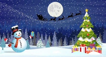 Christmas landscape at night. christmas tree and snowman. background with moon and the silhouette of Santa Claus flying on a sleigh. concept for greeting or postal card - Powered by Adobe