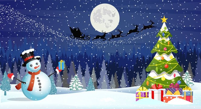 Christmas landscape at night. christmas tree and snowman. background with moon and the silhouette of Santa Claus flying on a sleigh. concept for greeting or postal card