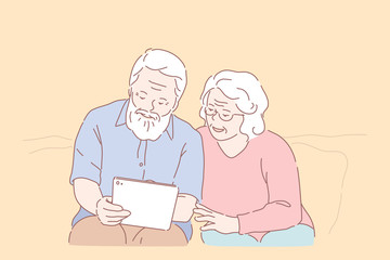 Studying computer by elderly people concept. Technology spread, oldster education, active social life, online communication, senior couple with tablet, learning to use PC together. Simple flat vector