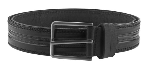 Black male leather belt isolated on a white background close-up. Beauty and fashion concept.
