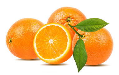 Fresh oranges with leaves isolated on white background with clipping path