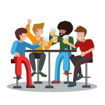 Four friends of a man drink foamy beer and raise a toast with glasses. A group of people sit on high bar stools and have fun spending time together. African American and 3 caucasians. Vector