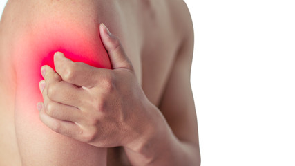 Man suffering from pain in shoulder,pain in the human body, closeup