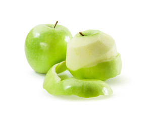 green apple with peeled skin isolated on white background