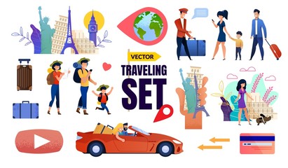 Vector Travelling Set with Happy Tourists Family
