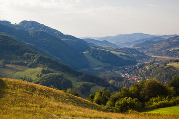 Village Rytro in Beskid Sądecki in summer. View from near village Wola Krogulecka, Poland.