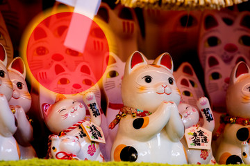 Fototapeta na wymiar Japanese lucky cat made a greeting card with the red sun as a symbol (subtitle: Lucky Cat, Jin Yun Laifu)