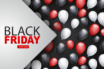 Black Friday Shopping event advertisement background with shiny helium balloons. Big sale design concept for newsletters and website ads. Vector ilustration.