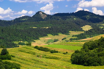 Obraz premium Rabštin and Šlachtovsky Mount in Pieniny Mountains. View from near Aksamitka Mount, Slovakia.