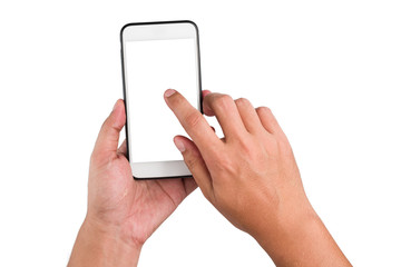 Obraz na płótnie Canvas Human hand holding the touch screen mobile phone on isolated white background with clipping path.