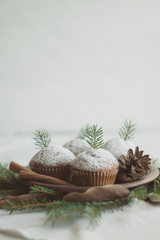 Christmas wreath imitation with a plate of cupcakes. Dessert decorated with fir branches and cones on a white background.