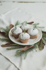 Christmas wreath imitation with a plate of cupcakes. Dessert decorated with fir branches and cones on a white background.