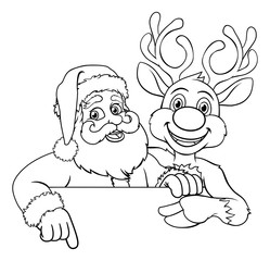 Santa and reindeer Christmas cartoon characters peeking over a sign and pointing at it