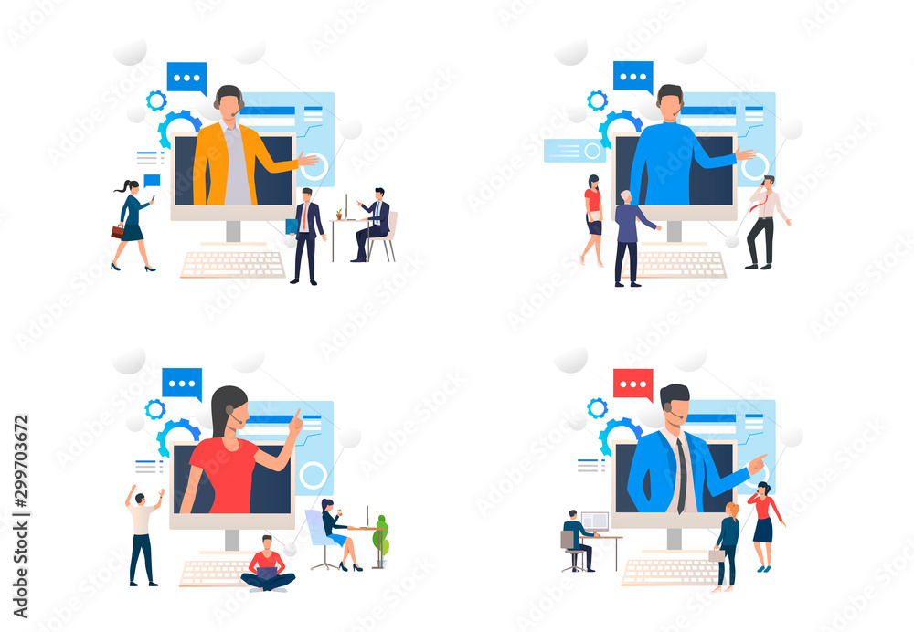 Poster team consulting support center set. businesspeople talking to call center operator. flat vector illu