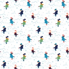 Happy Boy and Girl Ride Sled Seamless Pattern