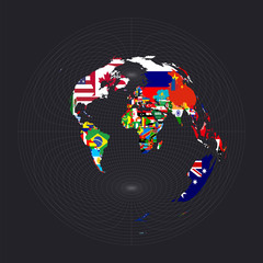 Worldmapwithallcountries andtheirflags. Azimuthal equidistant projection. Map of the world with meridians on dark background. Vector illustration.