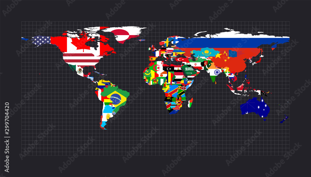 Poster world map with flags of each country. equirectangular (plate carree) projection. map of the world wi