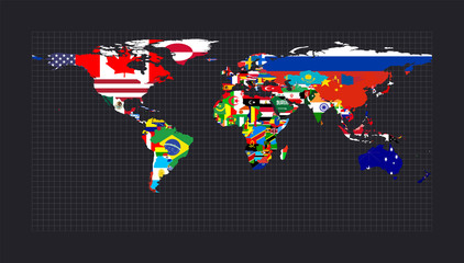 Worldmapwith flags of each country. Equirectangular (plate carree) projection. Map of the world with meridians on dark background. Vector illustration.