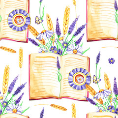 Watercolor background. Seamless pattern. Flowers Pansies, lavender , botany and books. White background.