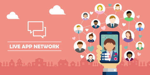 SNS / live chat app / streaming TV  vector banner illustration. Hand holding smartphone.