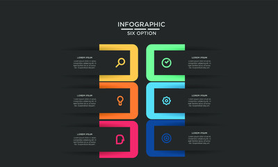 Six 6 Options infographic step chart workflow  element Plan Slide Template with dark black background theme