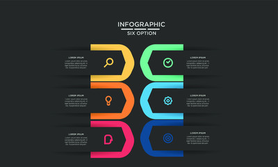 Six 6 Options infographic step chart workflow  element Plan Slide Template with dark black background theme