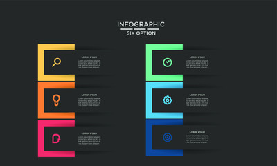 Six 6 Options infographic step chart workflow  element Plan Slide Template with dark black background theme