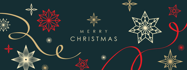 Fototapeta Christmas greetings banner with swirl ribbons and stars on black colour background obraz
