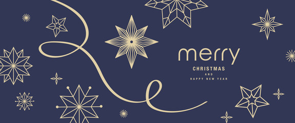 Christmas greetings banner with swirl ribbons and stars on blue colour background