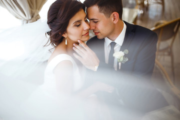 Young bride and groom in a cafe. Husband and wife hold each other's hands. Loving couple in a...