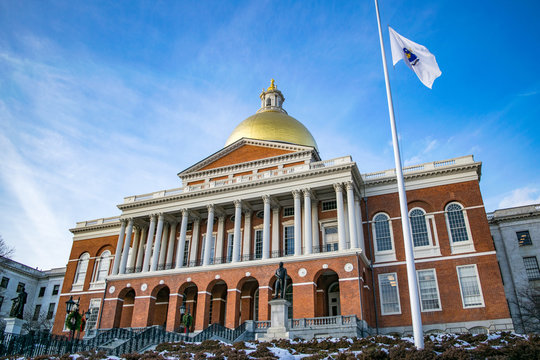 Massachusetts State Capitol (Front View of Massachusetts State House in Winter) - Boston, Massachusetts, USA 