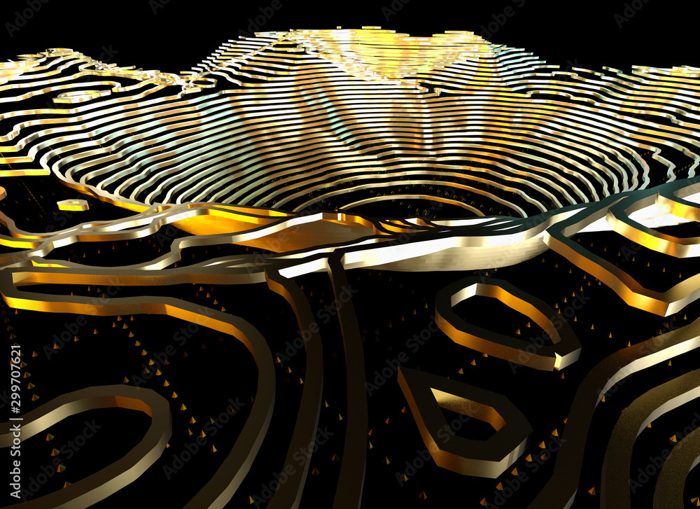 Poster Abstract topographic map 3D background with shiny golden lines in sci-fi technology style. 3D illustration
