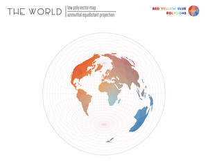 Abstract geometric world map. Azimuthal equidistant projection of the world. Red, Yellow, and Blue colored polygons. Beautiful vector illustration.