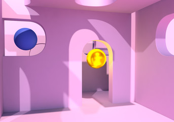 Abstract background with pink arches and ball. 3D illustration