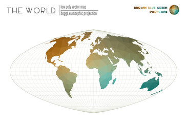 Low poly world map. Boggs eumorphic projection of the world. Brown Blue Green colored polygons. Modern vector illustration.