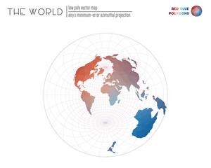 Abstract world map. Airy's minimum-error azimuthal projection of the world. Red Blue colored polygons. Neat vector illustration.