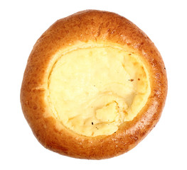 Vatrushka. Sweet yeast bread dough pastry with quark filling in the middle. Isolated on white background. Directly Above.