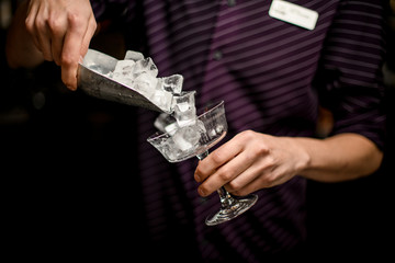Bartender adding an ice cubes to the empty cocktail glass with a steel paddle