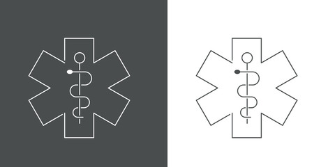 Logotipo lineal símbolo medicina con caduceo en gris y blanco