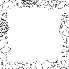Sketched succulents, cactuses, flowers and leaves frame vector illustration. Monochrome, hand drawn, colouring page..