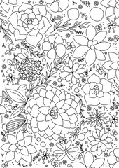 Sketched succulents, cactuses, flowers and leaves vector illustration. Monochrome, hand drawn, colouring page..