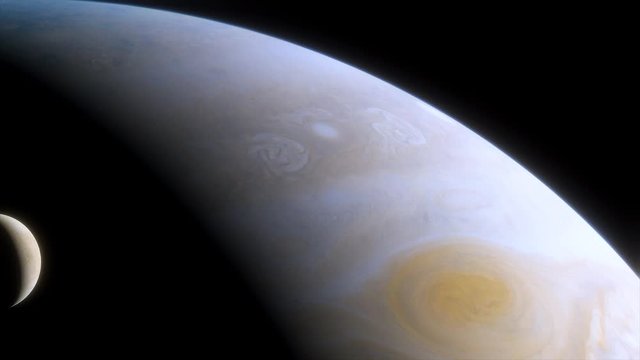 Ice moon Europa on the background of the large gas planet Jupiter. Great Red Spot on Jupiter. Cinematic animation of Jupiter