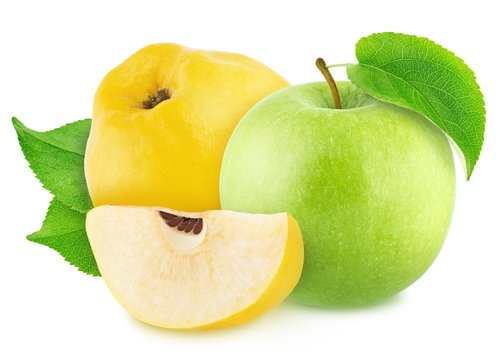 Composite image with apple and quinces isolated on a white background.