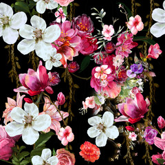 Panele Szklane  Akwarela malarstwo liści i kwiatów, wzór na ciemnym tle