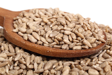 Sunflower seeds on wooden spoon. Isolated on white background. Macro.