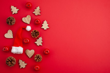 Festive christmas mockup over the red  background with copy space for text and xmas decoration