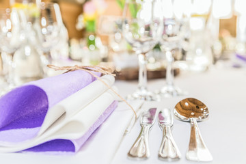 Beautiful table set for some festive event, party or wedding reception. Design, formal. Closeup