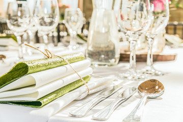 Beautiful table set for some festive event, party or wedding reception. Design, formal. Closeup