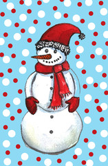 Watercolor hand drawn cute illustration of snowman. Perfect for Christmas new year greeting card