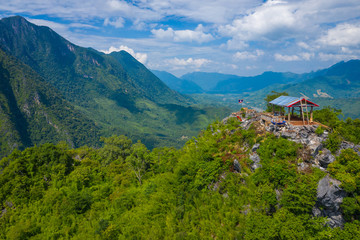 Aerial view of mountains in Nong Khiaw. North Laos. Southeast Asia. Photo made by drone from above. Bird eye view.